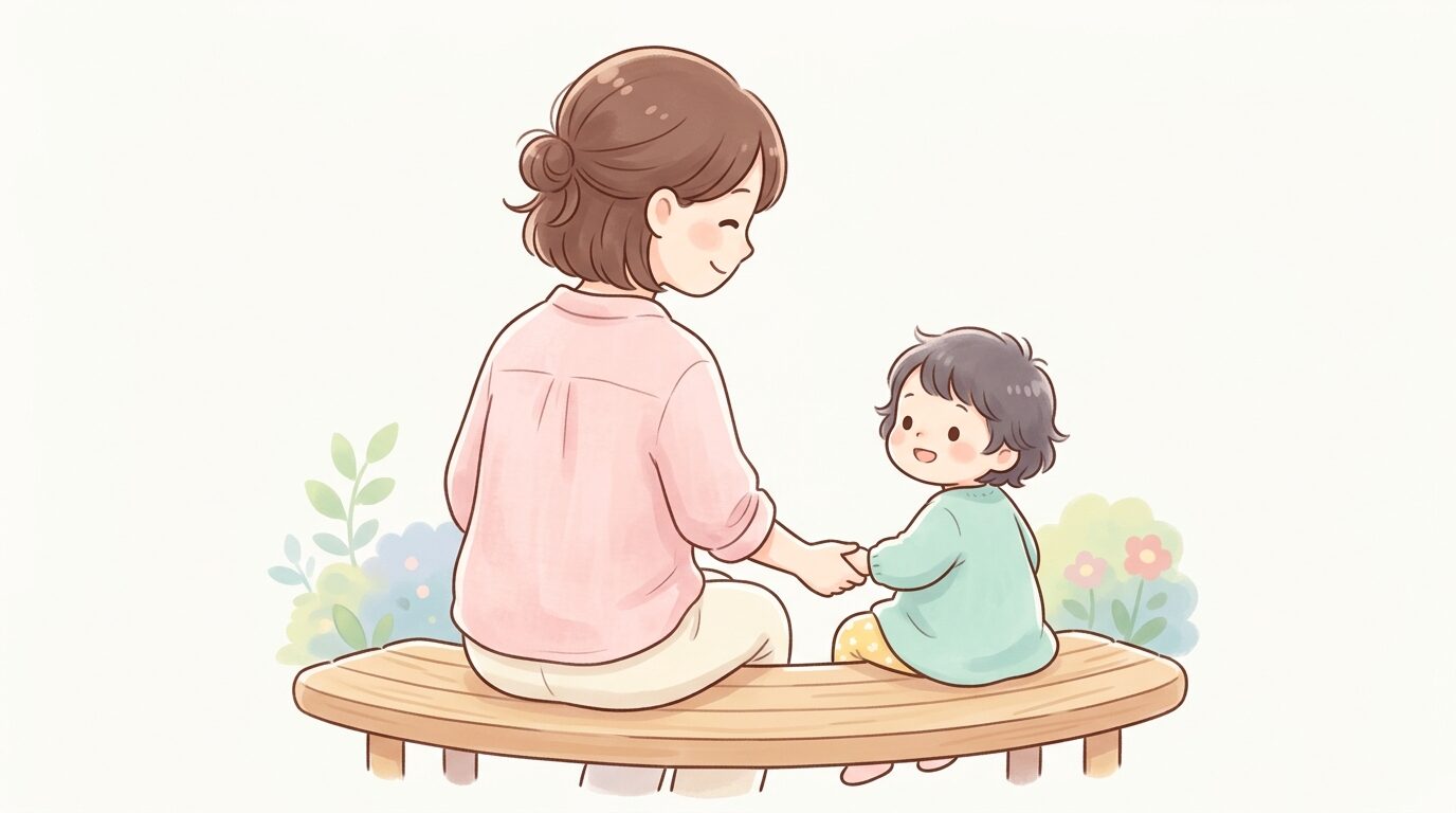 公園のベンチで隣に座る子どもの手を優しく握り、笑顔で見守る母親の後ろ姿
