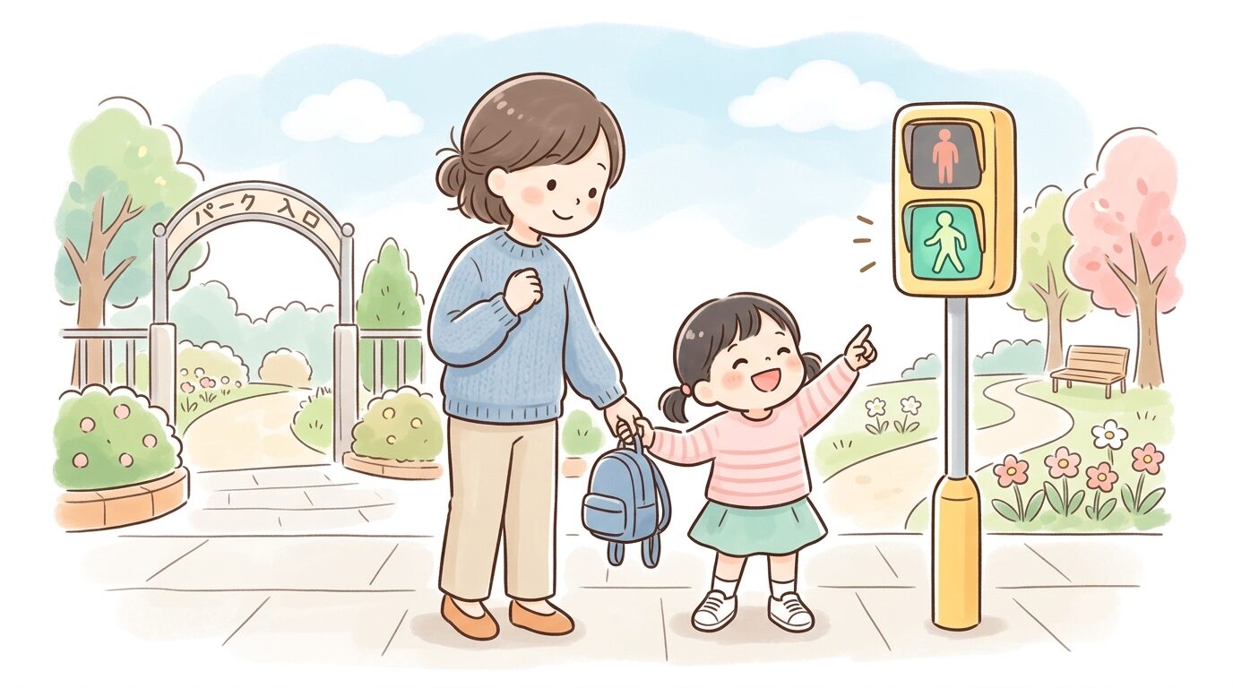 公園の入り口で母親と手をつなぎ、笑顔で信号機を見上げる3歳くらいの女の子