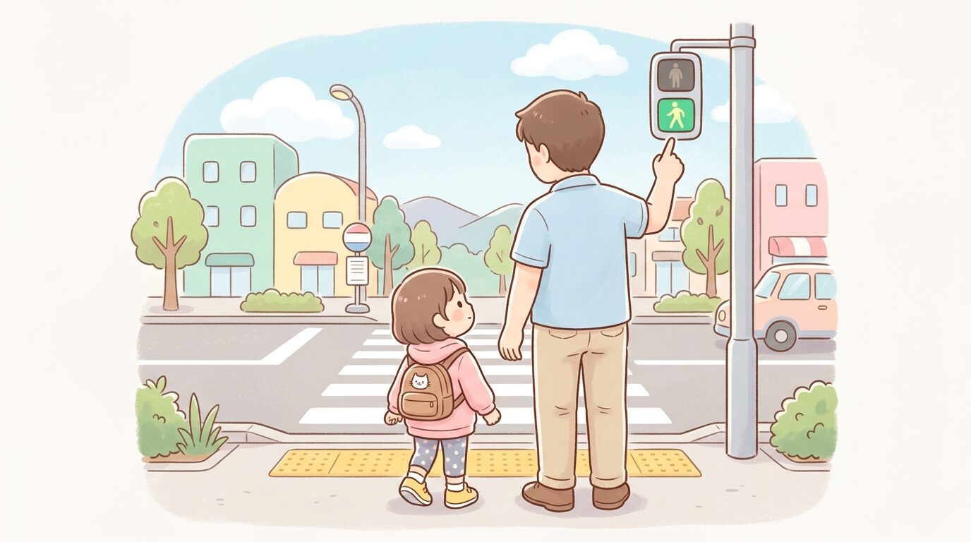 横断歩道の手前で信号機を指さしながら子供に説明する父親の後ろ姿