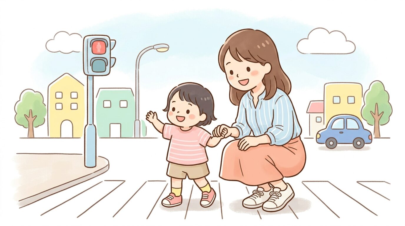 横断歩道を渡る前に子供と一緒に左右を確認する笑顔の母親と3歳児