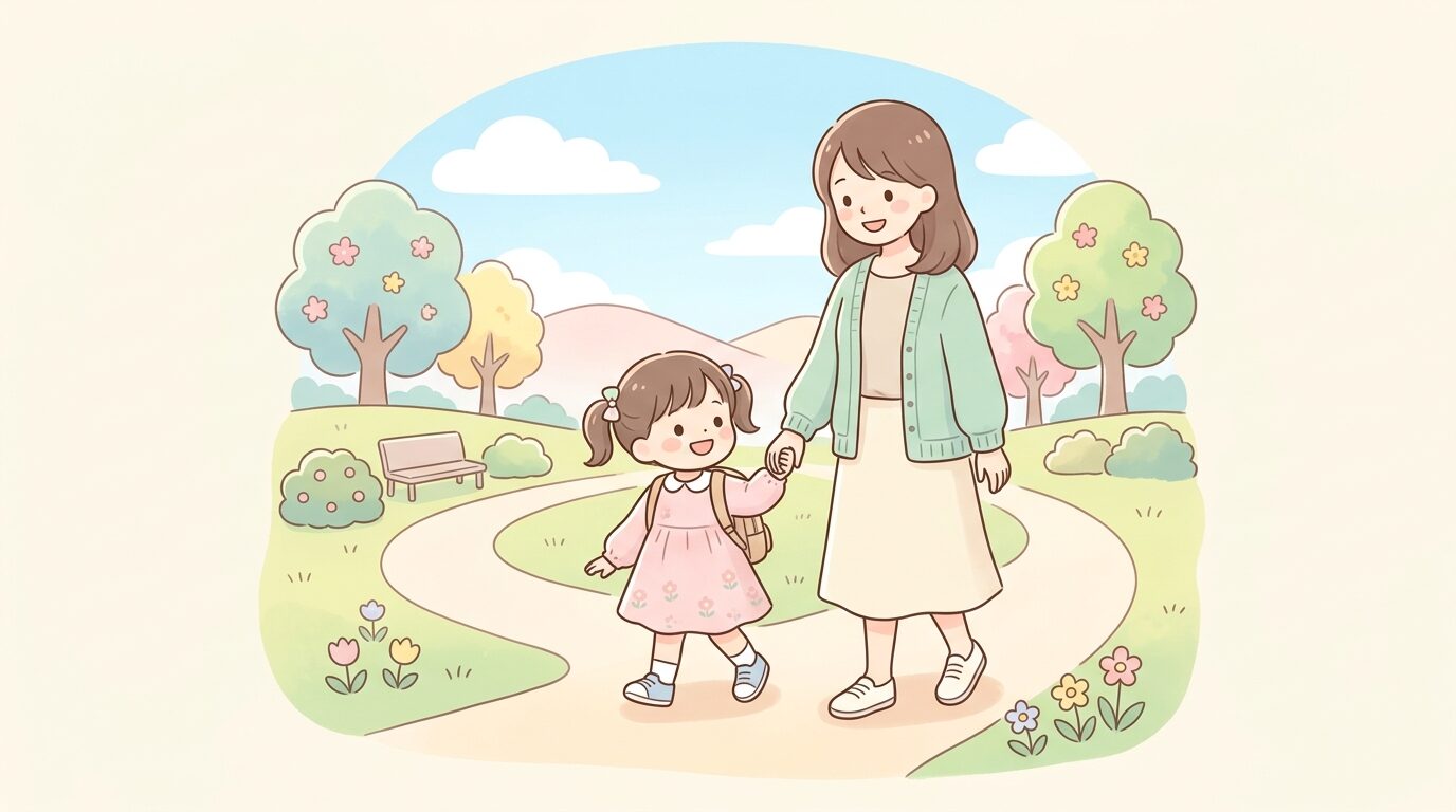公園で母親と手をつないで歩く3歳くらいの女の子、明るい昼下がりの穏やかな雰囲気