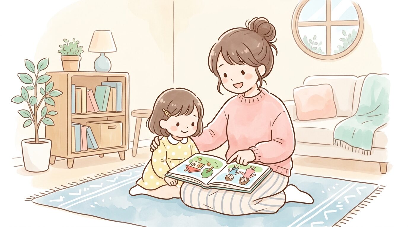 リビングで絵本を使いながら子どもに防犯のルールを説明する母親、温かみのある家庭的な雰囲気