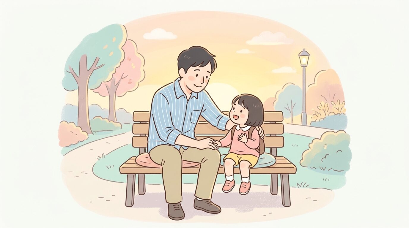 公園のベンチで子どもの話に耳を傾けながら優しく微笑む父親、夕方の柔らかい光の中の親子の様子