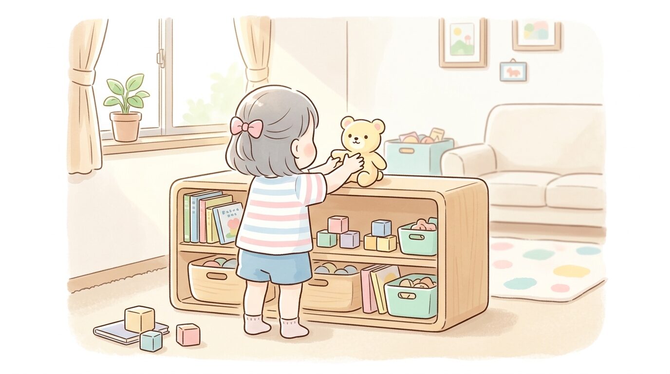 リビングの低い棚に自分でおもちゃを戻す3歳くらいの女の子の後ろ姿、柔らかい自然光が差し込む温かい雰囲気