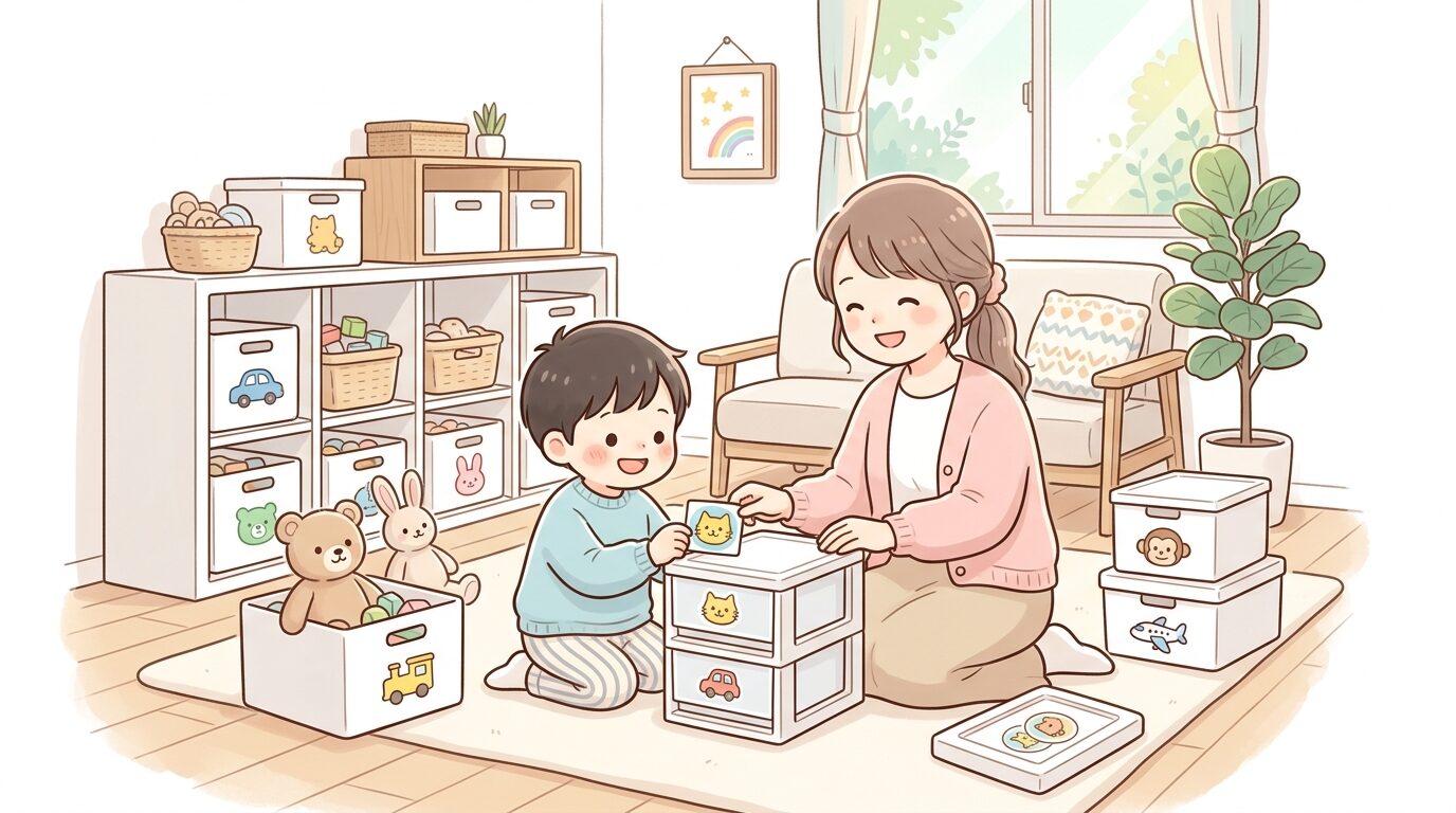 収納ケースに動物や乗り物のイラストラベルを親子で一緒に貼っている様子、明るいリビング