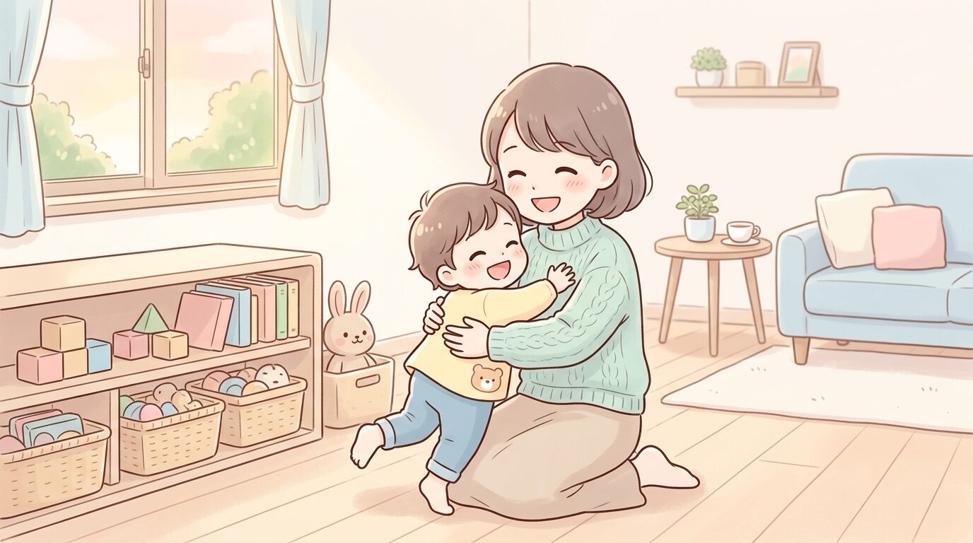 片付けを終えた子どもを笑顔でハグして褒める母親、あたたかく穏やかな午後のリビング
