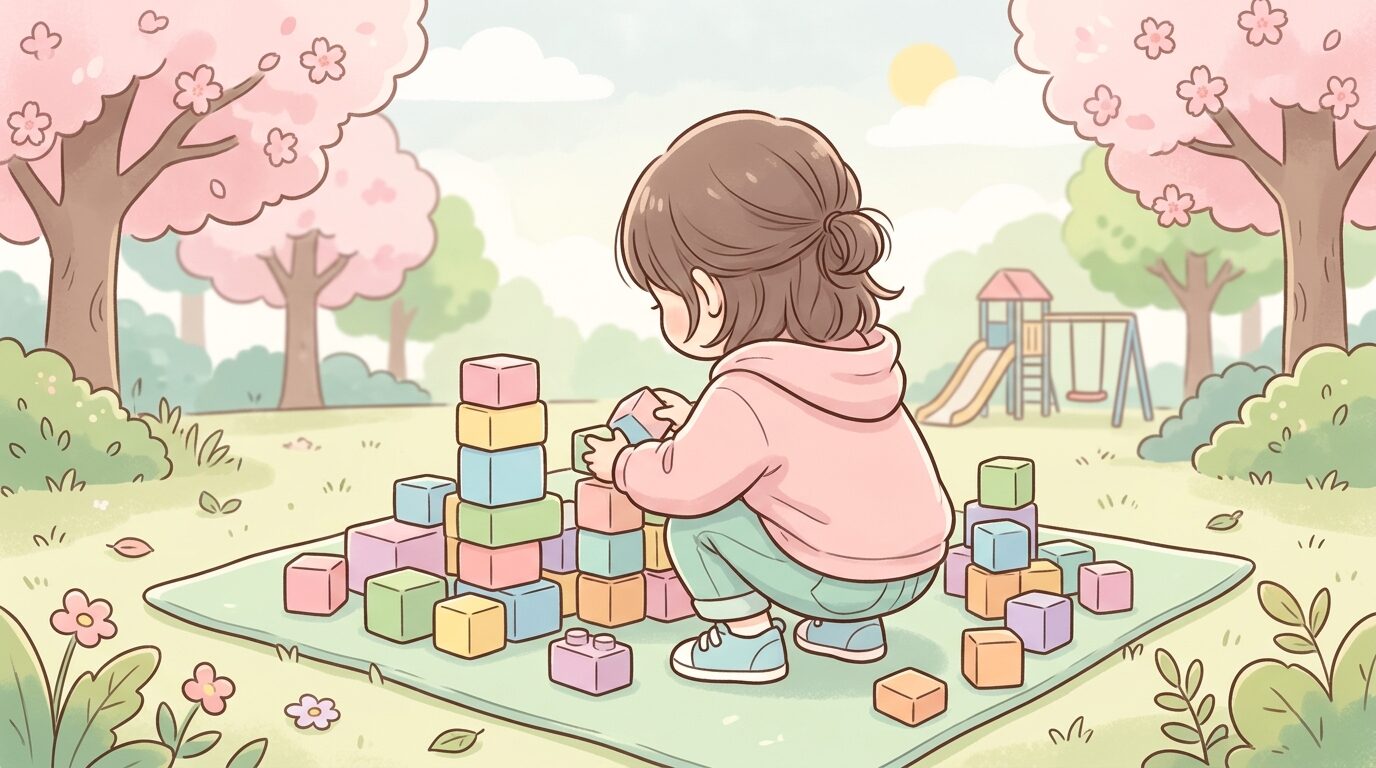公園で夢中になってブロック遊びをする3歳くらいの子どもの後ろ姿