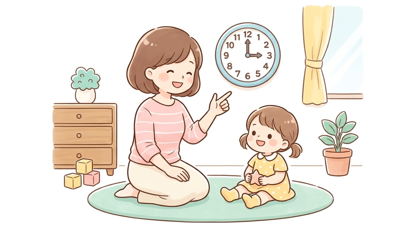 リビングでアナログ時計を指さしながら子どもに説明する母親