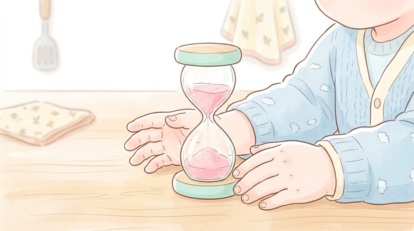 キッチンタイマーの砂時計が減っていく様子をじっと見つめる子どもの手元