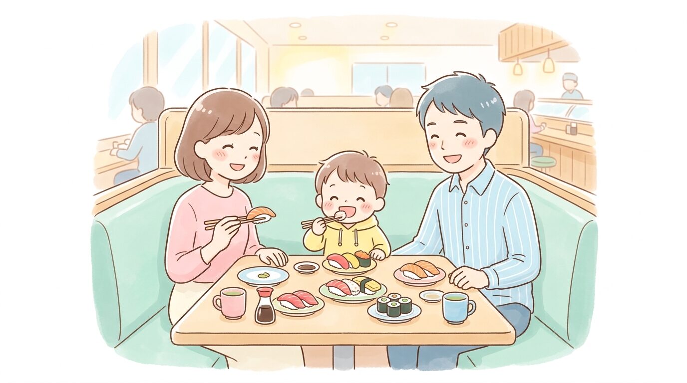 ボックス席で家族3人がお寿司を楽しく食べている温かい雰囲気の店内