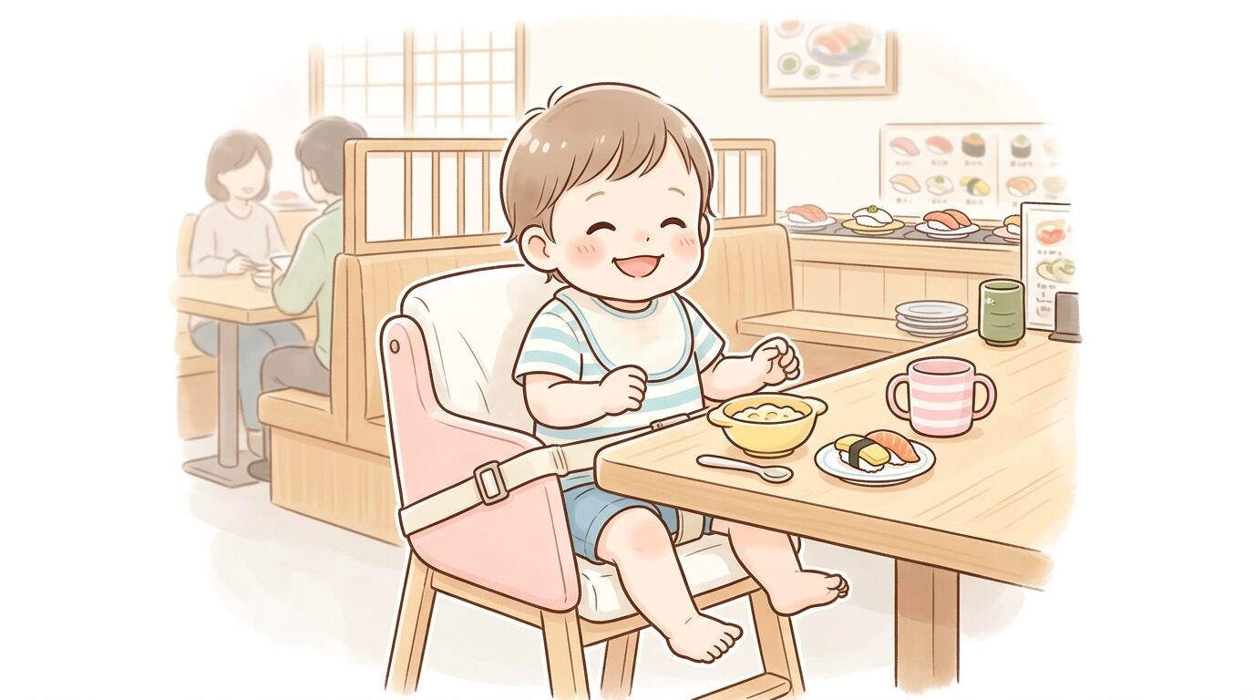 テーブルに取り付けられたベルト付きベビーチェアに座る笑顔の1歳児