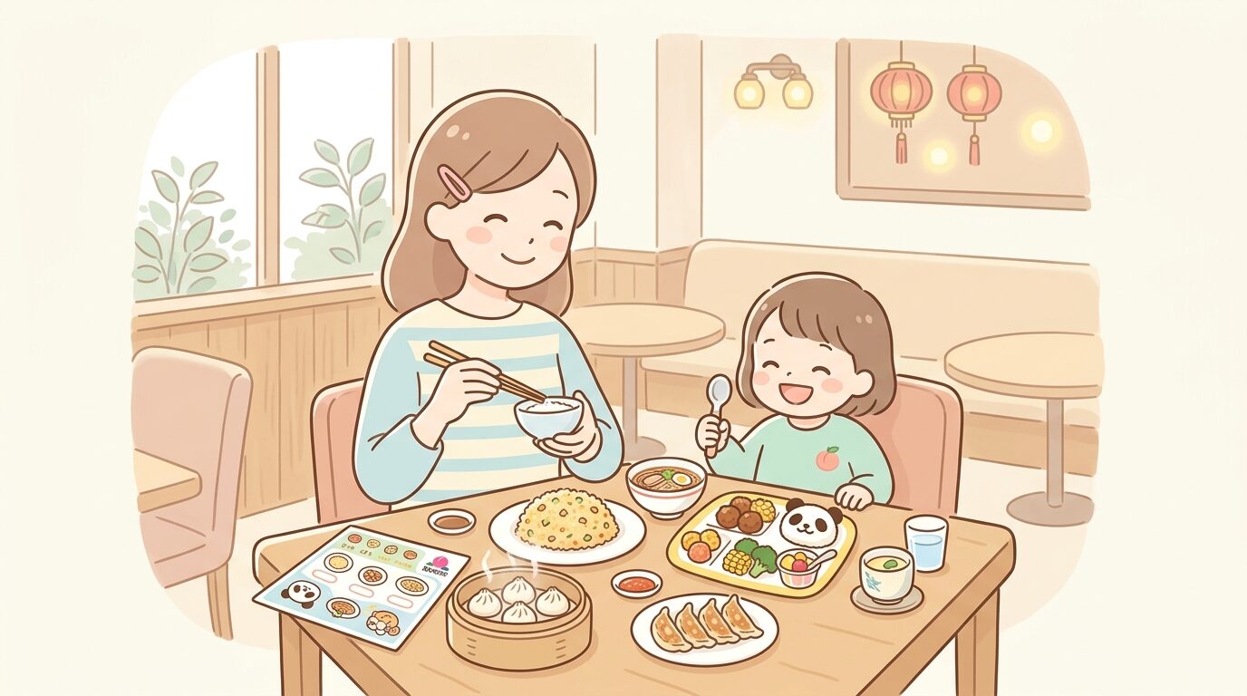 バーミヤンの店内で親子が笑顔で食事を楽しんでいる様子、テーブルにはキッズメニューと中華料理が並ぶ