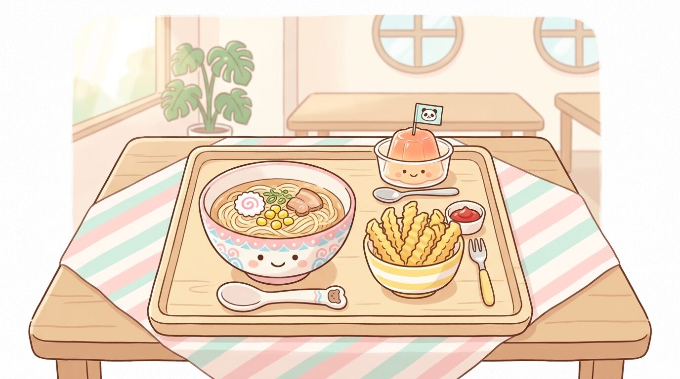 キッズラーメンセットとフライドポテト、ゼリーが並んだバーミヤンのキッズメニューのお盆