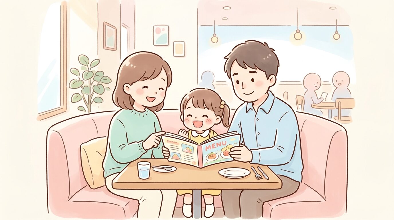 ソファー席に座る親子連れが笑顔でメニューを見ている温かいファミリーレストランの店内