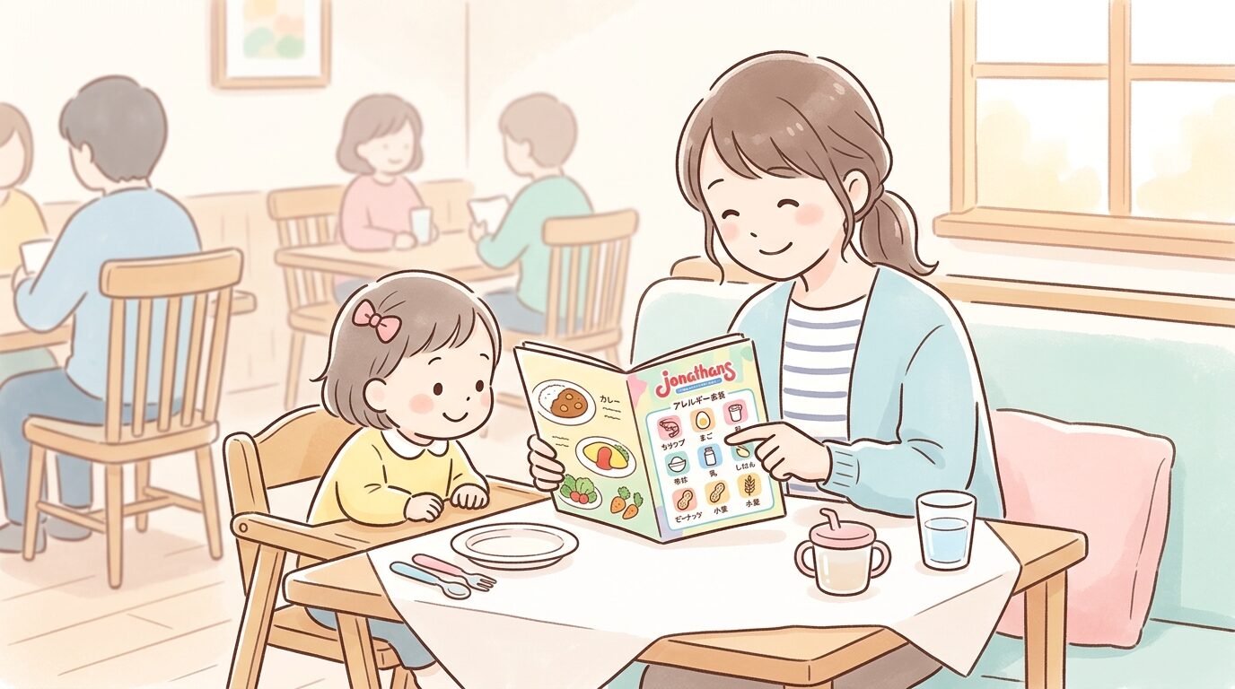 メニュー表のアレルギー表示を指さしながら確認する母親と幼児