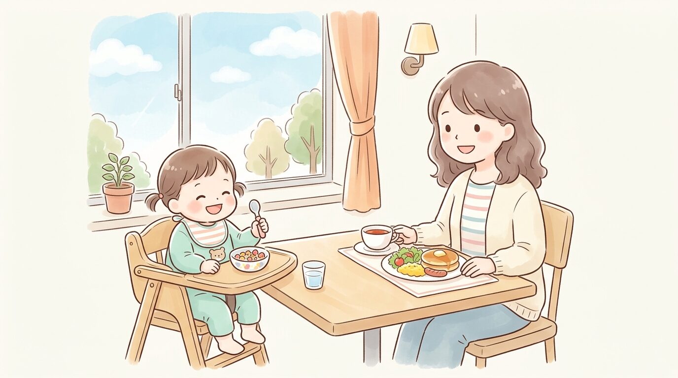 朝の穏やかな時間帯にモーニングメニューを楽しむ親子とベビーチェアに座る幼児