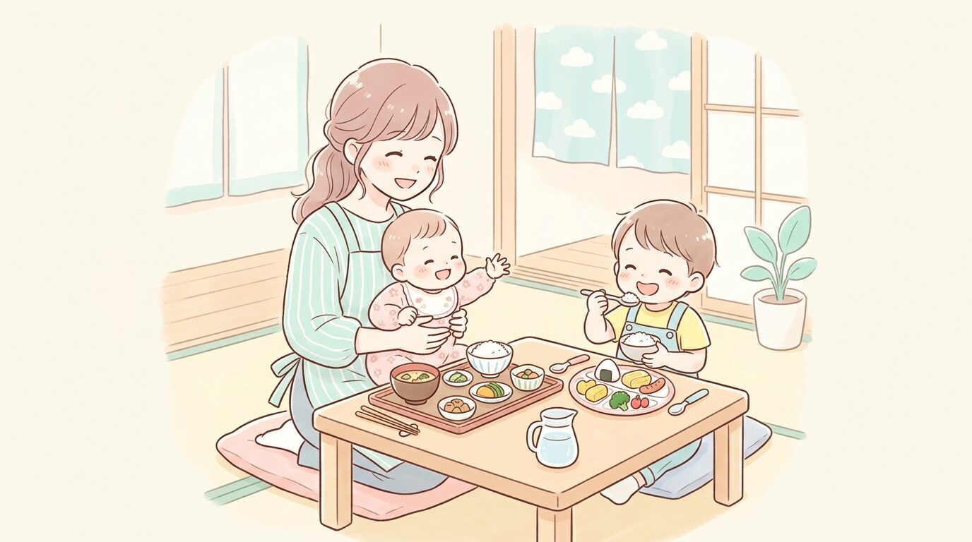座敷席で赤ちゃんを膝に抱きながら笑顔で食事を楽しむ母親と幼児