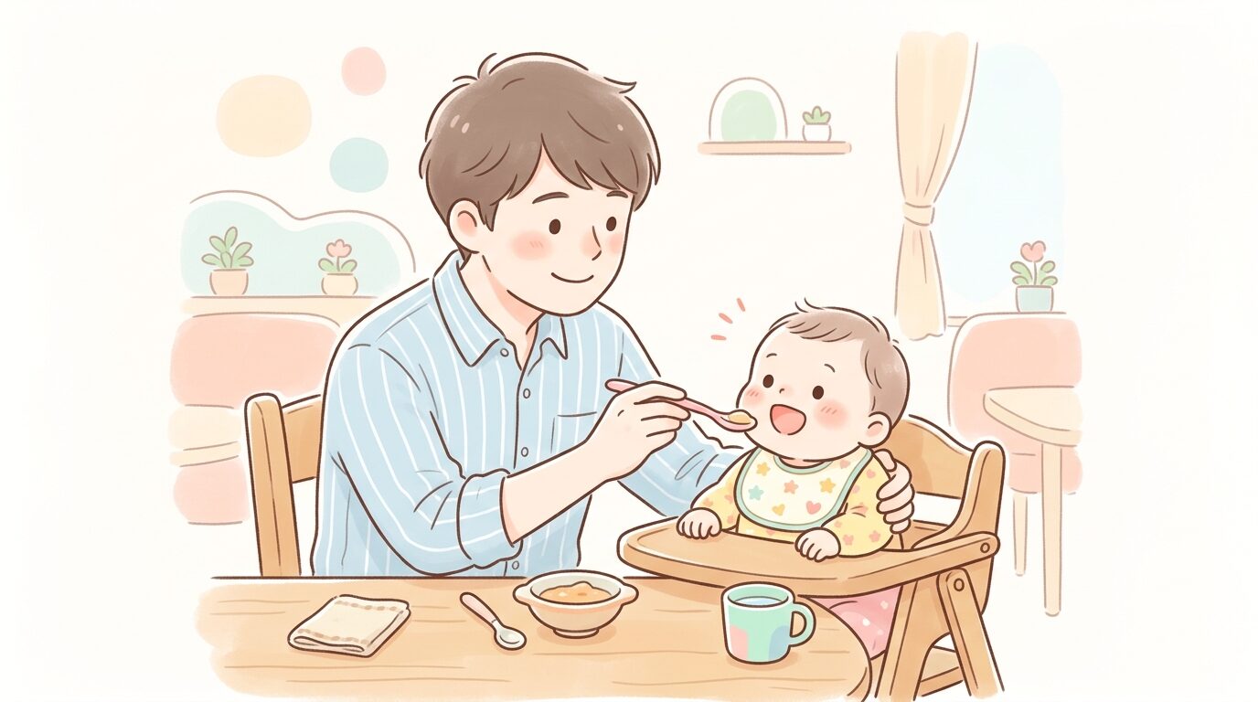 レストランのテーブルで離乳食を優しくスプーンで食べさせる父親と赤ちゃん