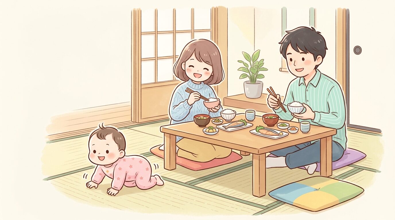 畳の座敷席でハイハイする赤ちゃんとそれを見守る両親の食事風景