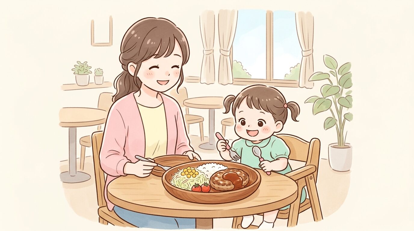 木製のディッシュ皿に盛られたハンバーグと、それを見つめる笑顔の幼児と母親