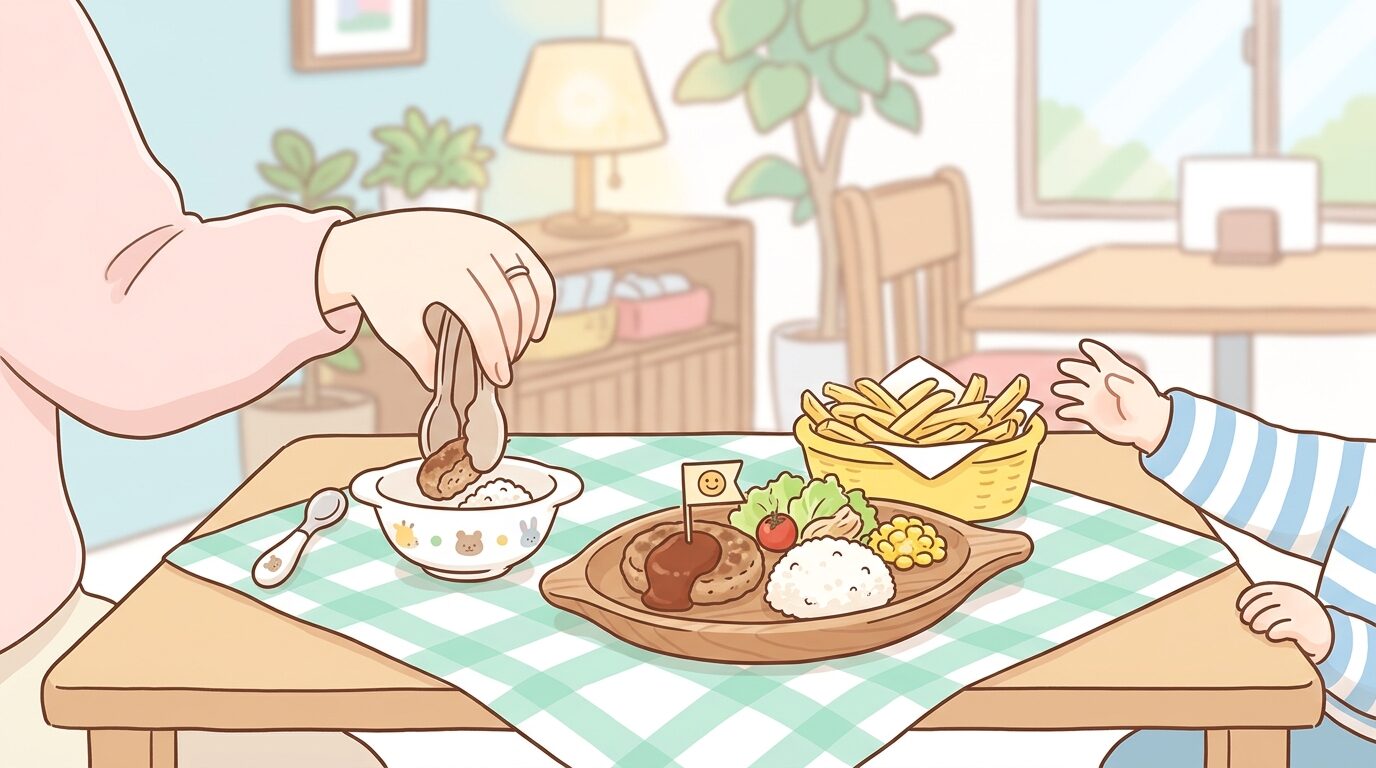 テーブルに並んだキッズメニューのハンバーグディッシュとフライドポテトを取り分けようとする親の手