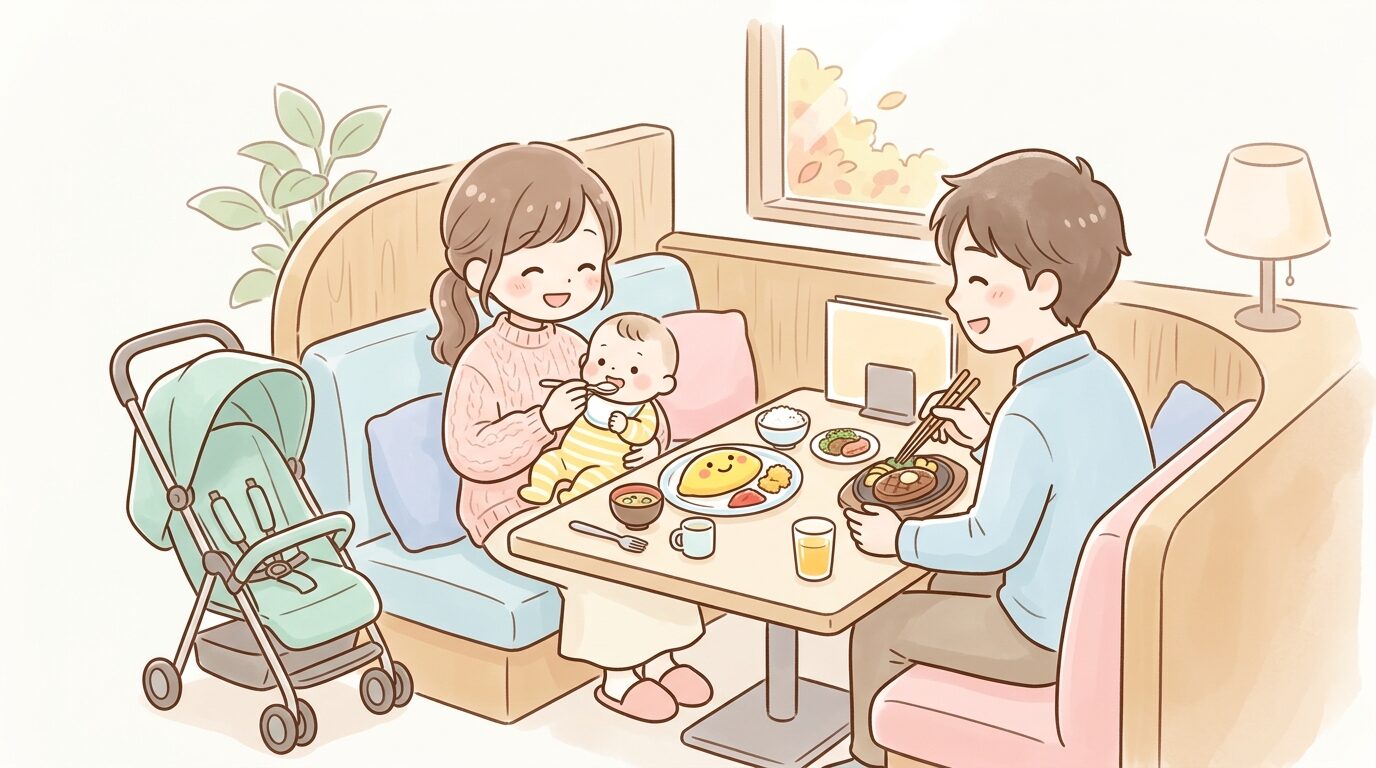 ボックス席でベビーカーを横に置きながら赤ちゃんと食事を楽しむ若い夫婦