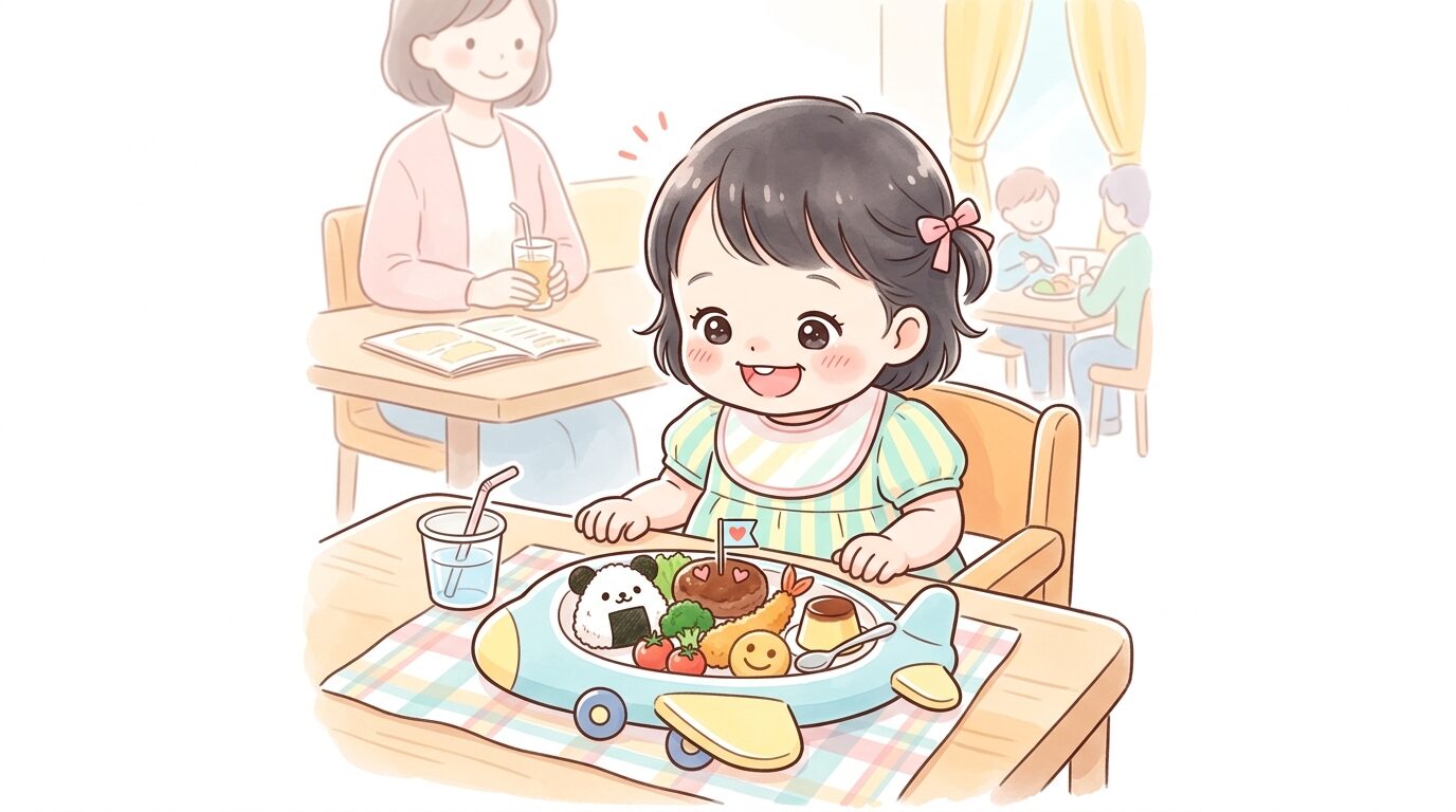 テーブルに並んだキッズプレートを嬉しそうに見つめる幼児
