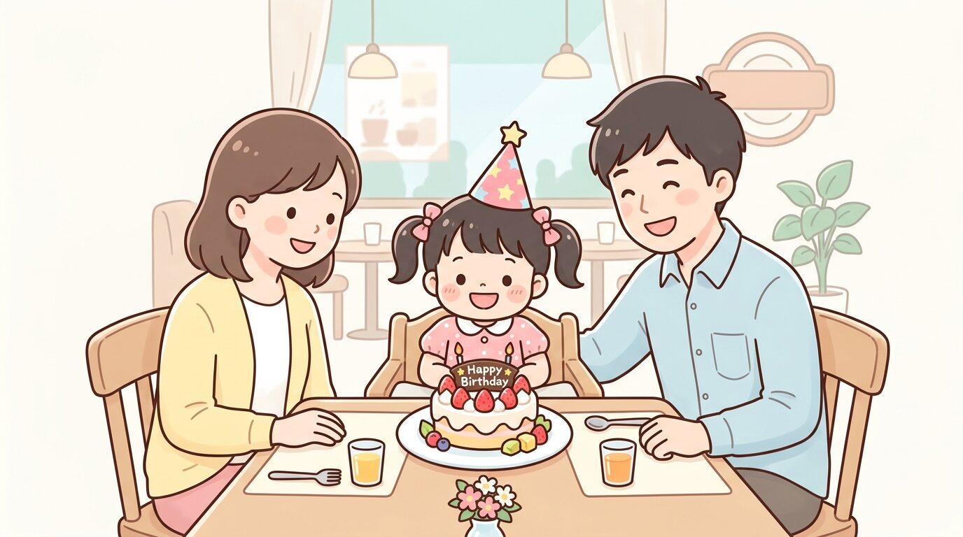 誕生日プレートを前に笑顔でケーキを見つめる小さな女の子と両親