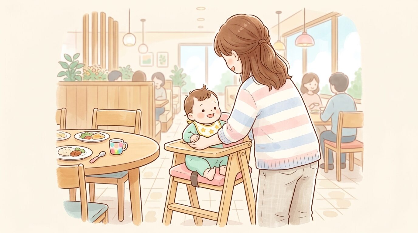 ファミリーレストランの明るい店内で赤ちゃんをベビーチェアに座らせる母親の後ろ姿