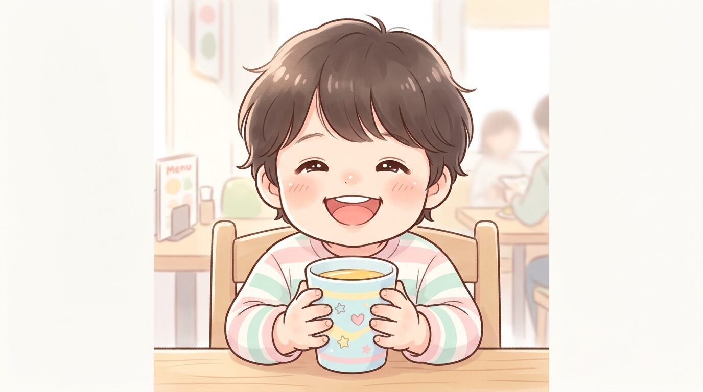 ドリンクバーのカップを両手で持つ幼い子どもの笑顔のアップ