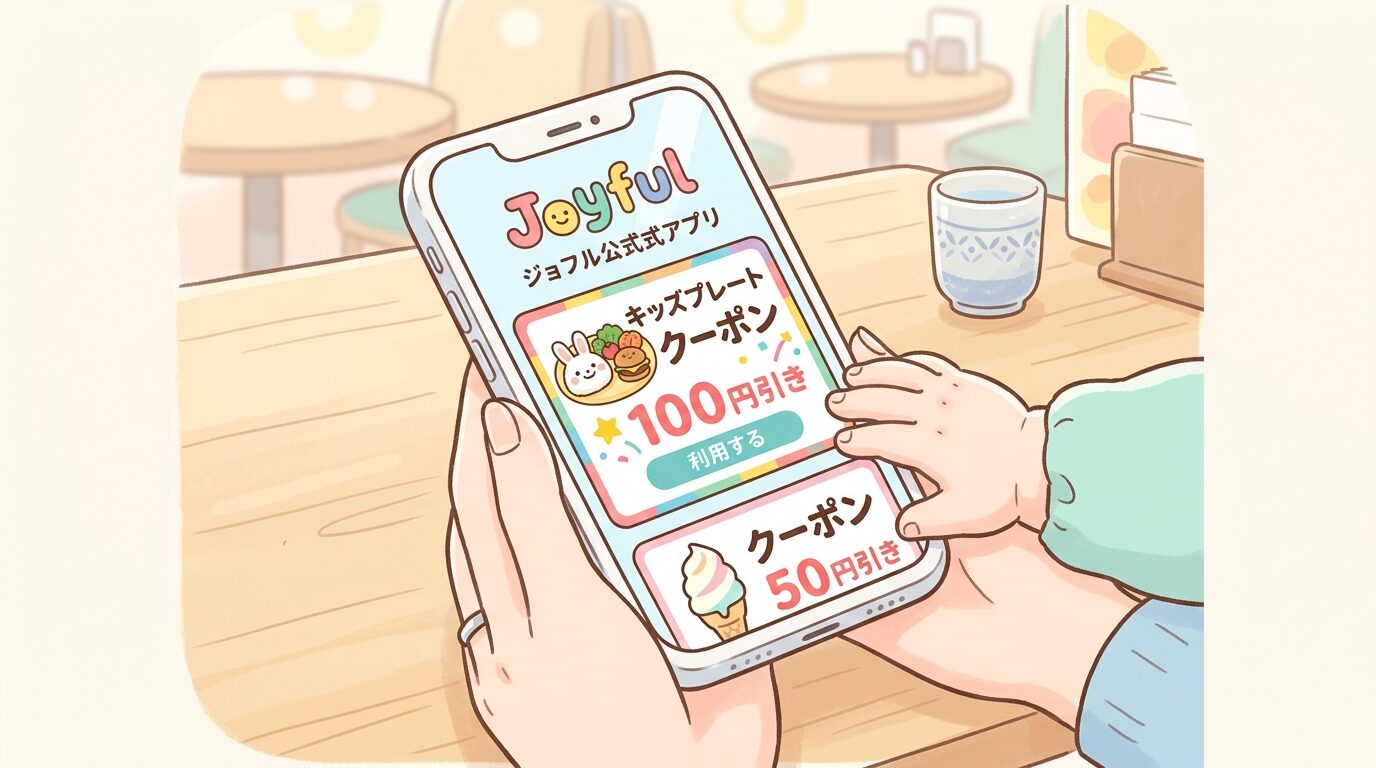 スマートフォンでジョイフル公式アプリのクーポン画面を確認する親子の手元