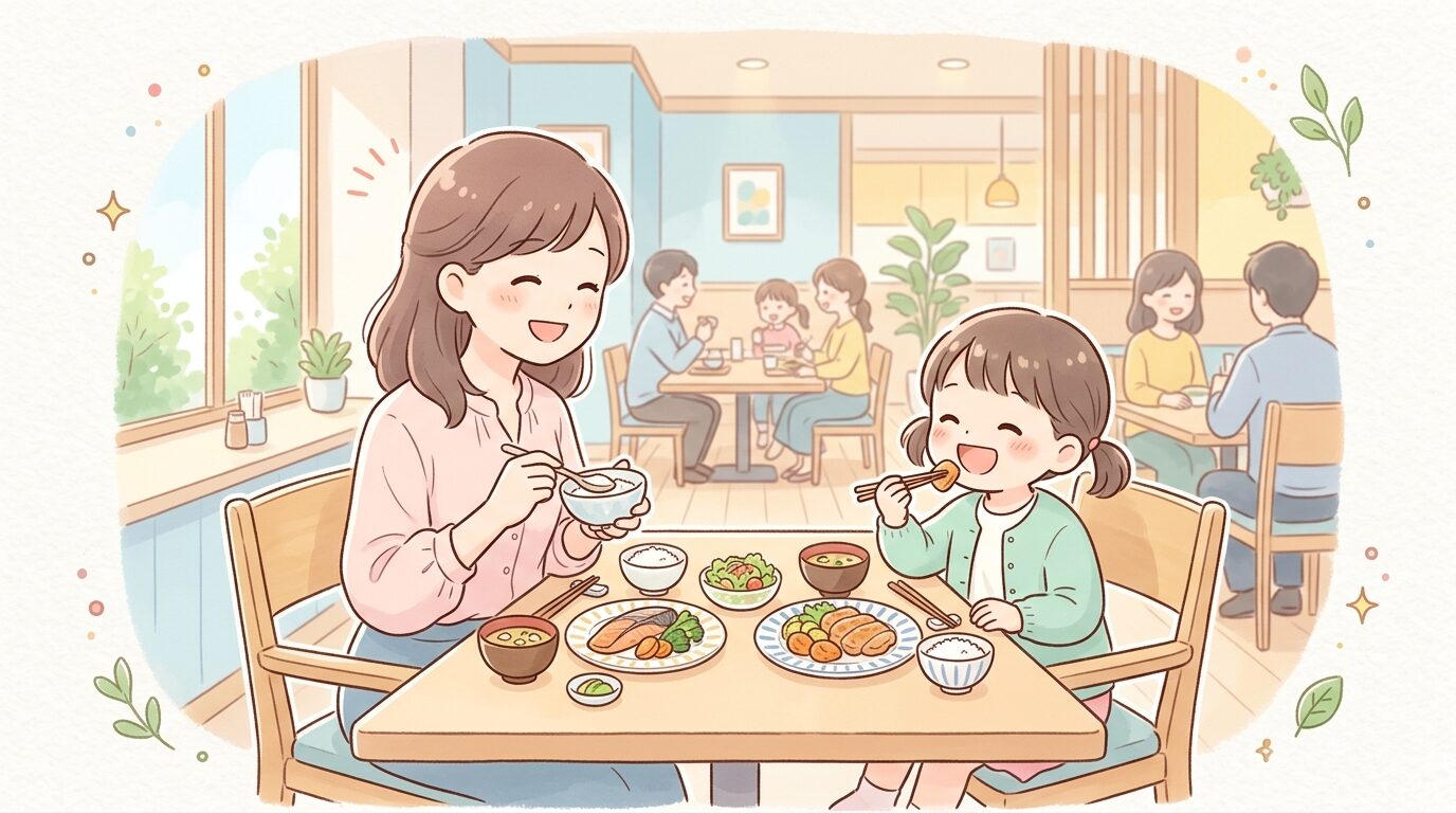 明るい和食レストランの店内で親子が向かい合って座り、定食を楽しそうに食べている様子