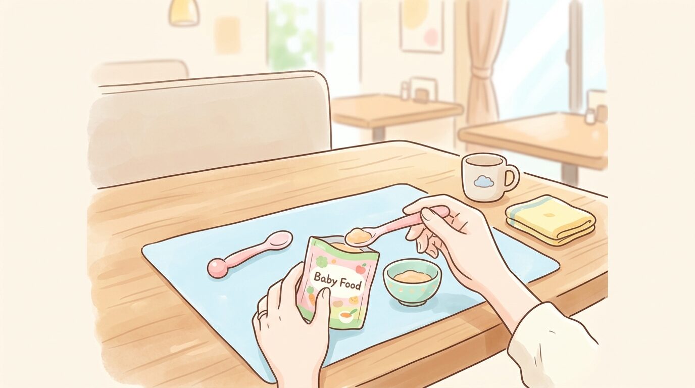 テーブルの上で赤ちゃんの離乳食パックとスプーンを準備するお母さんの手元