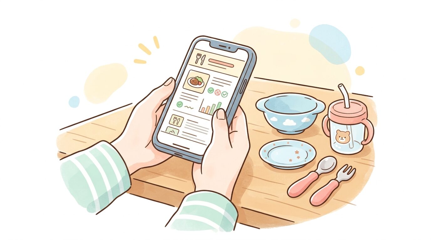 スマートフォンで飲食店のアレルギー表示ページを確認する親の手元、テーブルには子供用の食器