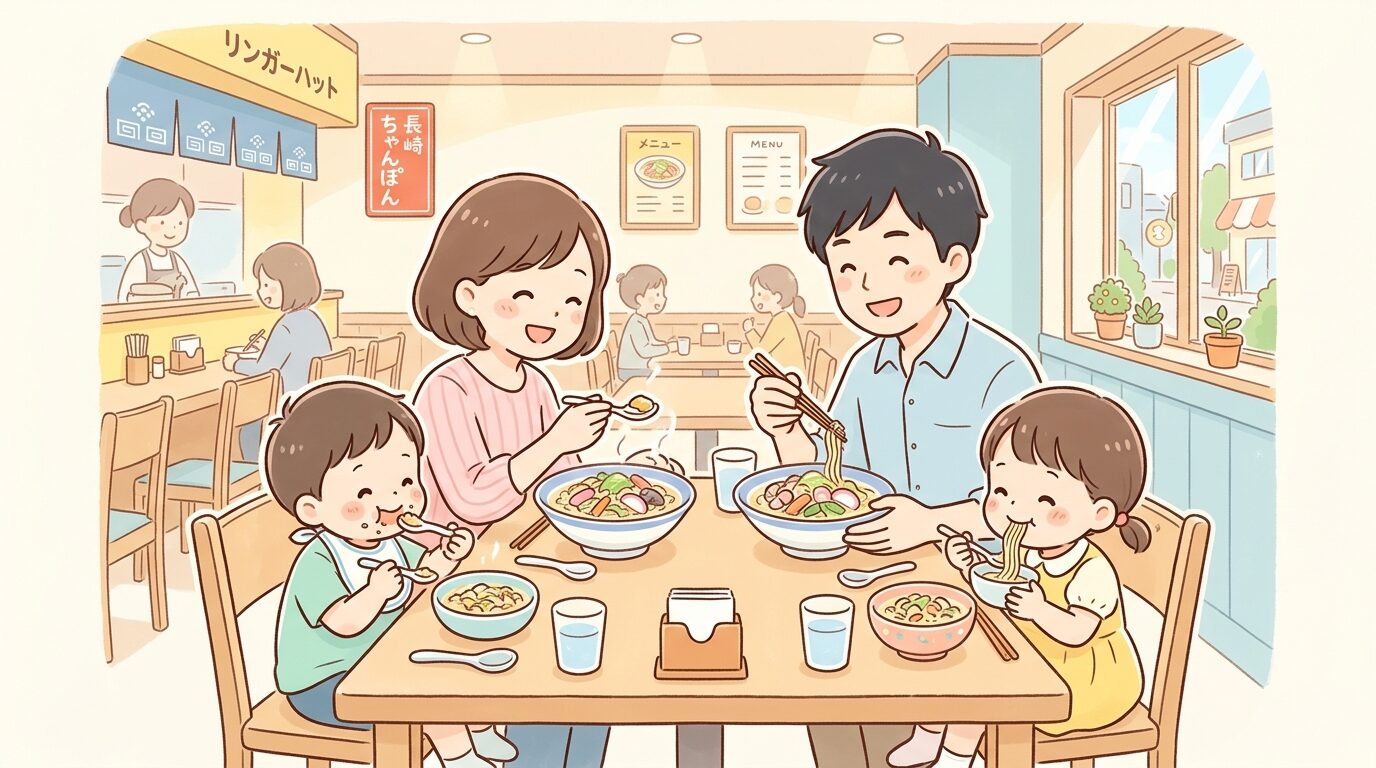 家族連れがリンガーハットの明るい店内でちゃんぽんを食べている温かい雰囲気の写真