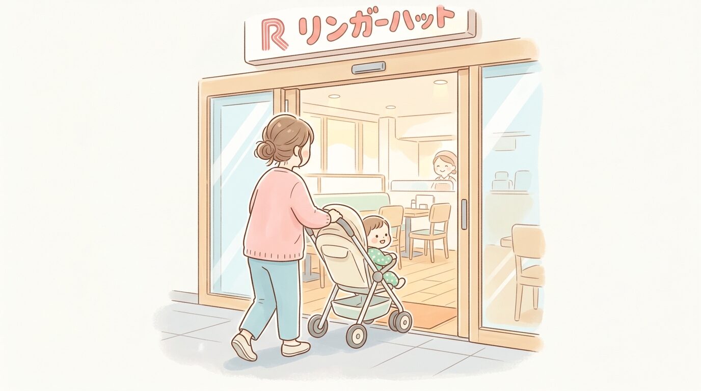 ベビーカーを押しながらファミリーレストランの入り口を通る母親と幼児の後ろ姿