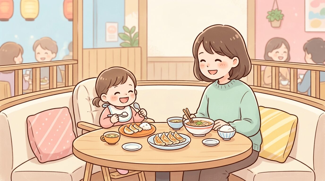 中華料理店のテーブル席で幼児が椅子に座り笑顔で食事をしている親子の様子