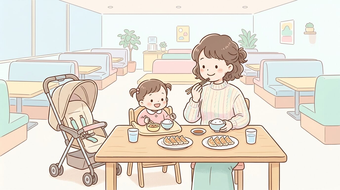 空いた時間帯の店内でベビーカーを横に置き、ゆったり食事を楽しむ親子