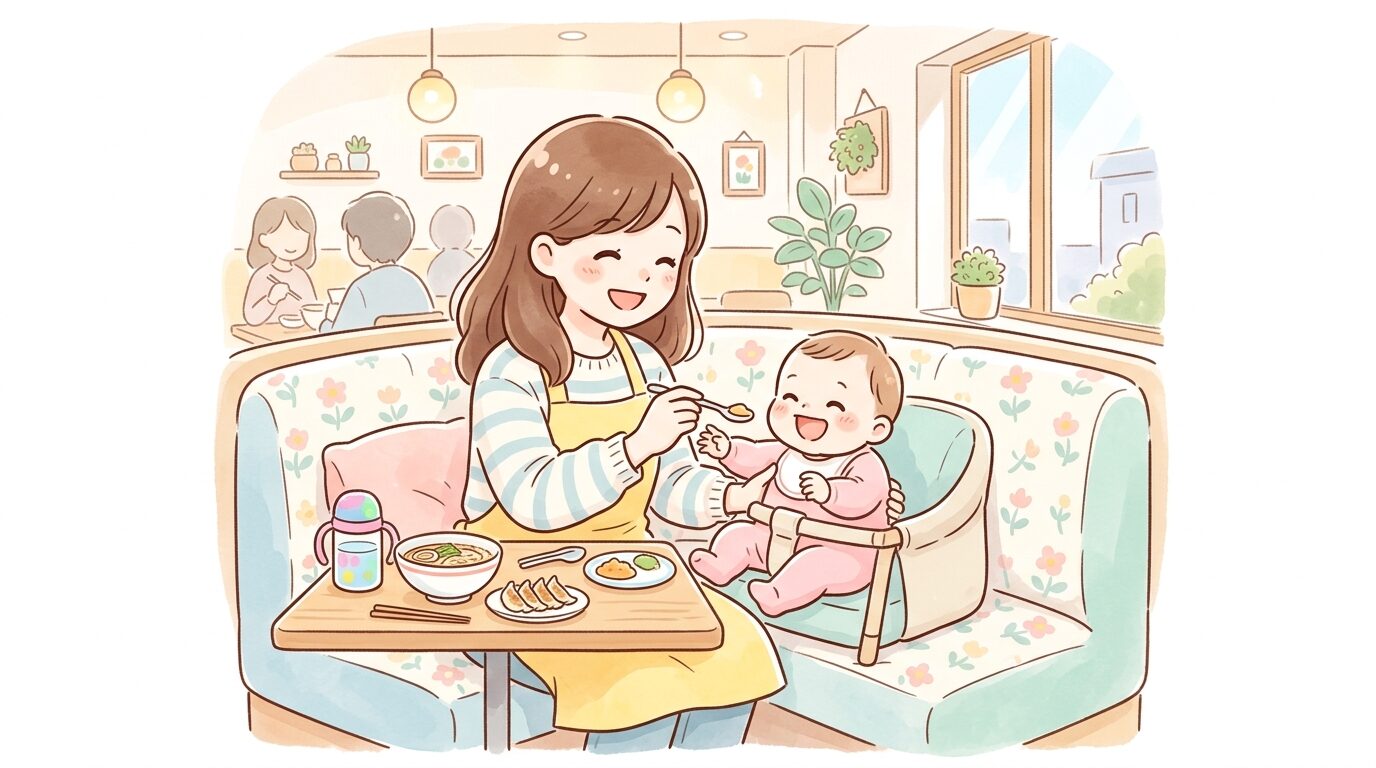 明るい店内でソファ席に座り、赤ちゃんと一緒に笑顔で食事を楽しむ母親