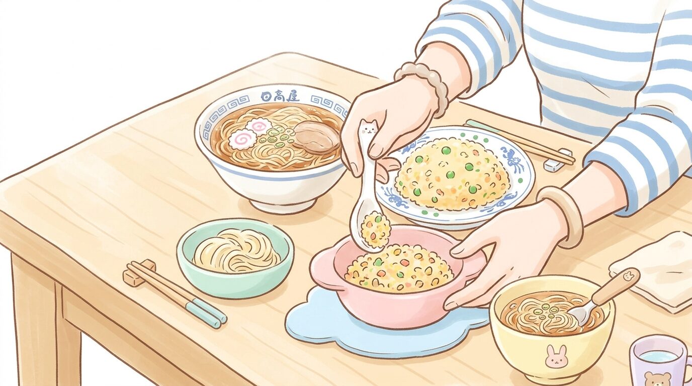 中華そばとチャーハンを子ども用の小皿に取り分けている親の手元
