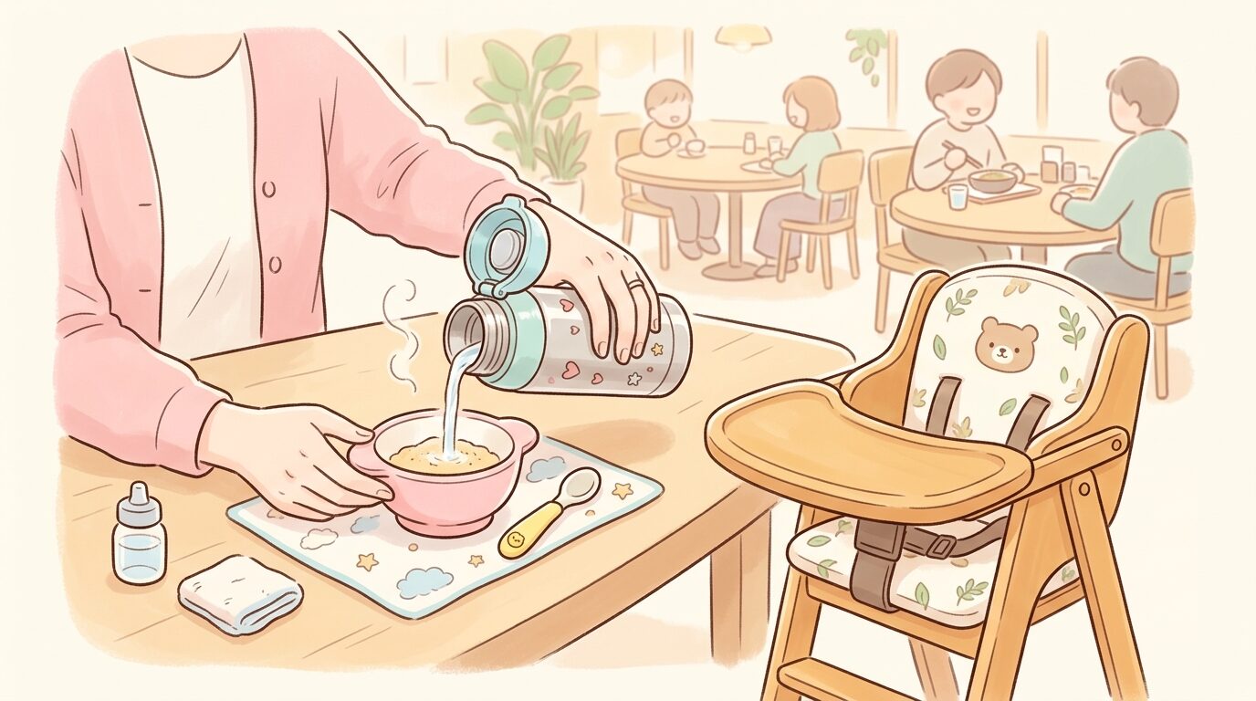 保温ポットからお湯を注いでベビーフードを準備する親の手元、テーブルにはベビーチェアが見える