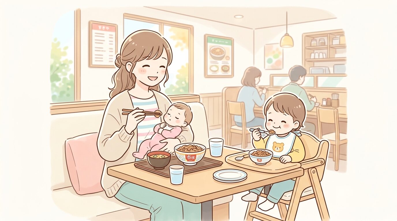 明るい店内のテーブル席で赤ちゃんを抱っこしながら食事をする若い母親と、隣でベビーチェアに座る幼児