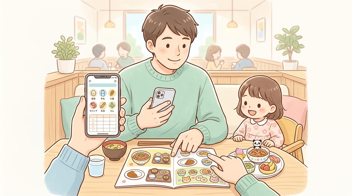 スマートフォンでアレルギー情報のページを確認しながらメニューを選ぶ父親の手元