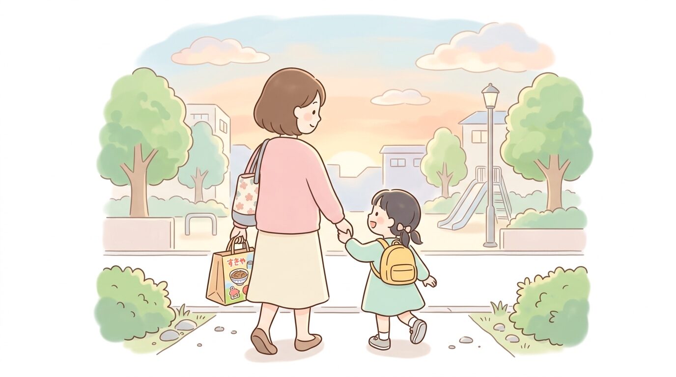 公園帰りにテイクアウトのお子様メニューが入った袋を持つ親子の後ろ姿、夕方の柔らかい光