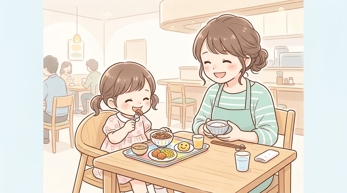 牛丼屋の店内でお子様セットを食べる幼児と見守る母親の笑顔の様子