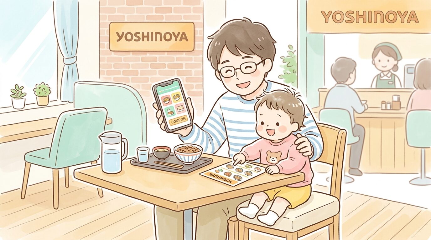 スマートフォンでクーポンアプリを確認しながら子どもと一緒にメニューを選ぶ父親