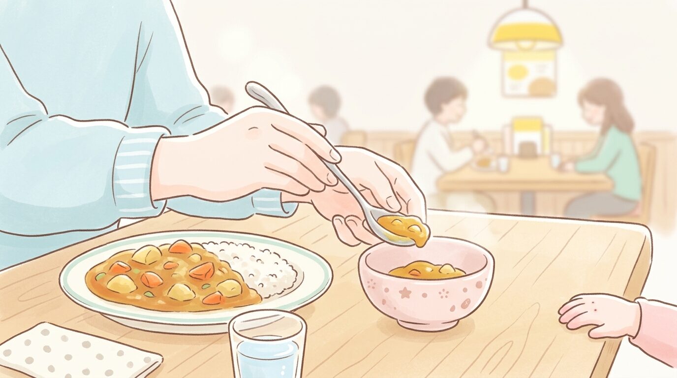 テーブルの上でカレーを取り分け用の小皿に少量よそう親の手元とスプーン