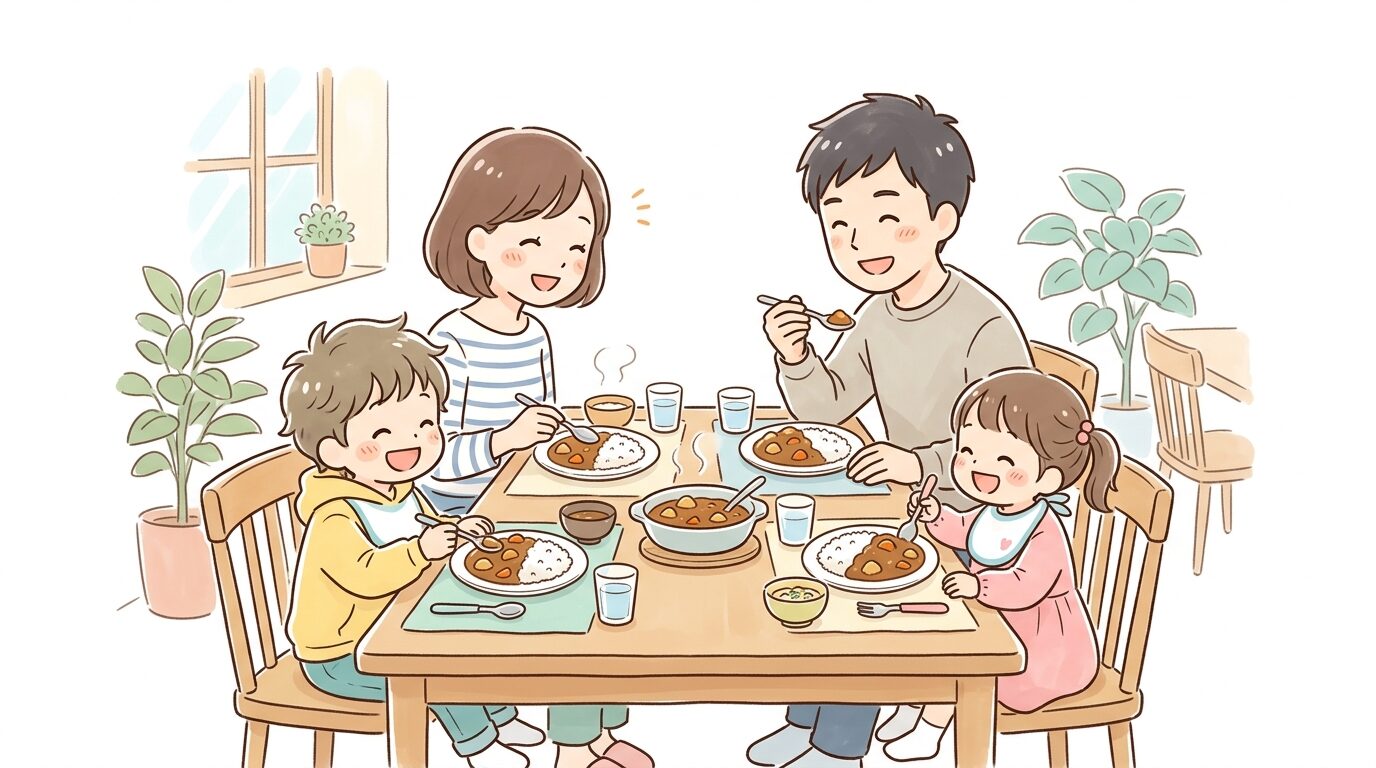 家族4人でテーブルを囲みカレーを楽しそうに食べる幸せそうな様子