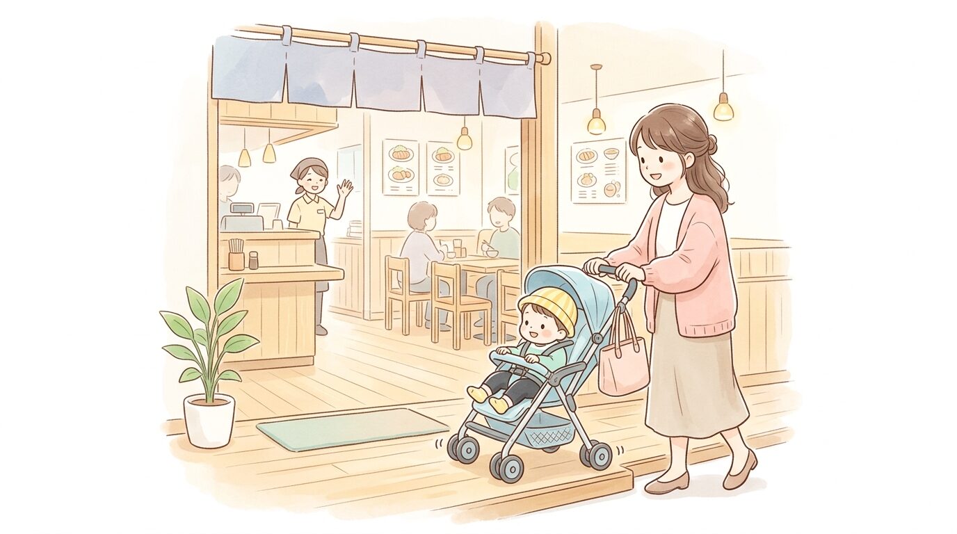 明るいとんかつ店の店内でベビーカーを押しながら入店する母親と幼児の後ろ姿