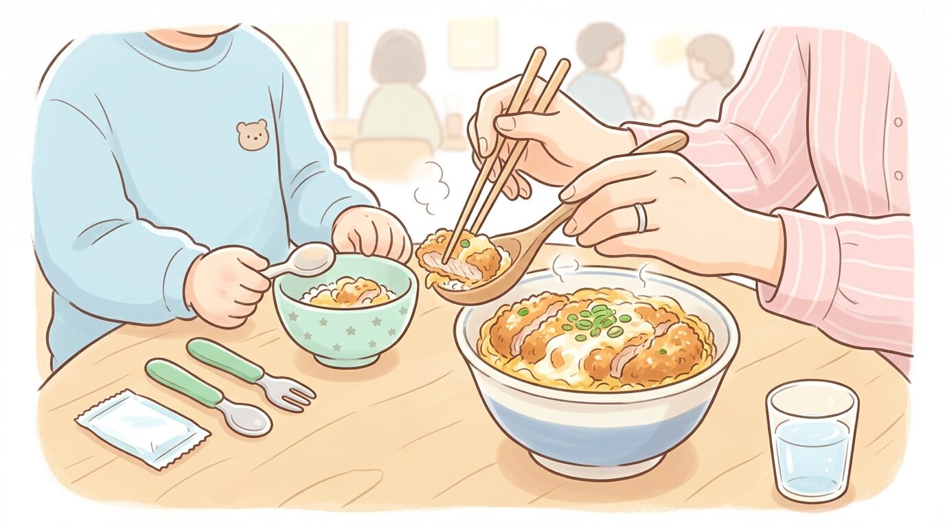 ファミリー向けテーブル席でカツ丼を取り分けている親子の手元アップ